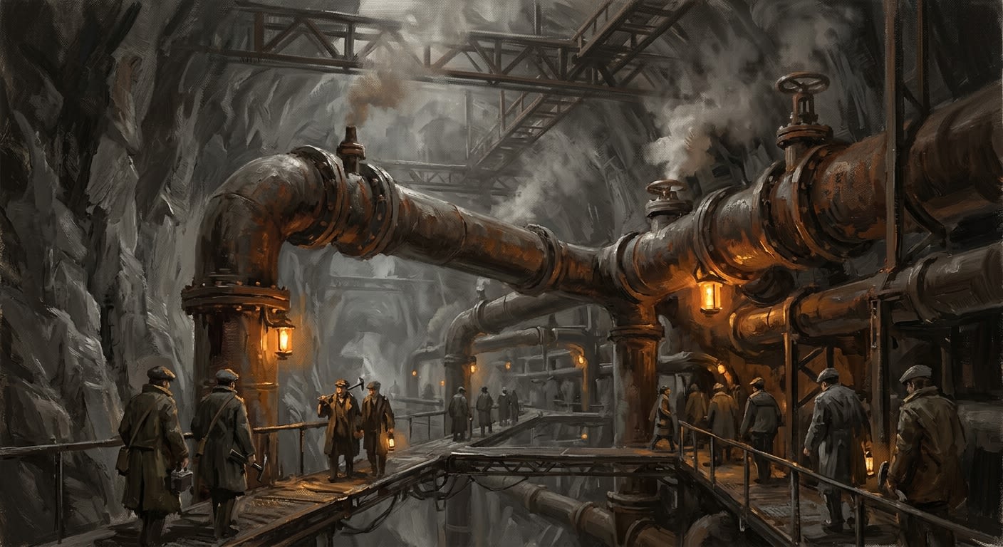 The great resonance tunnels of Bastion-Irongate — cathedral-scale gasket pipes running along basalt walls, amber industrial light at the junctions, workers in WWI greatcoats on the gantry walkways below