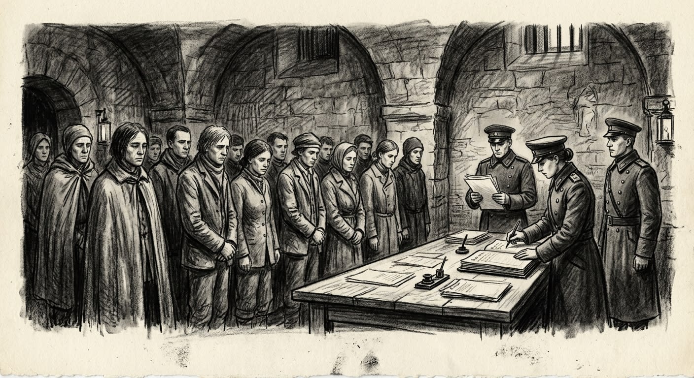 Twelve individuals stand before Bureau of Purity clerks in military coats in a cold stone anteroom — a formal silencing proceeding, one clerk writing in a ledger, the room utterly silent