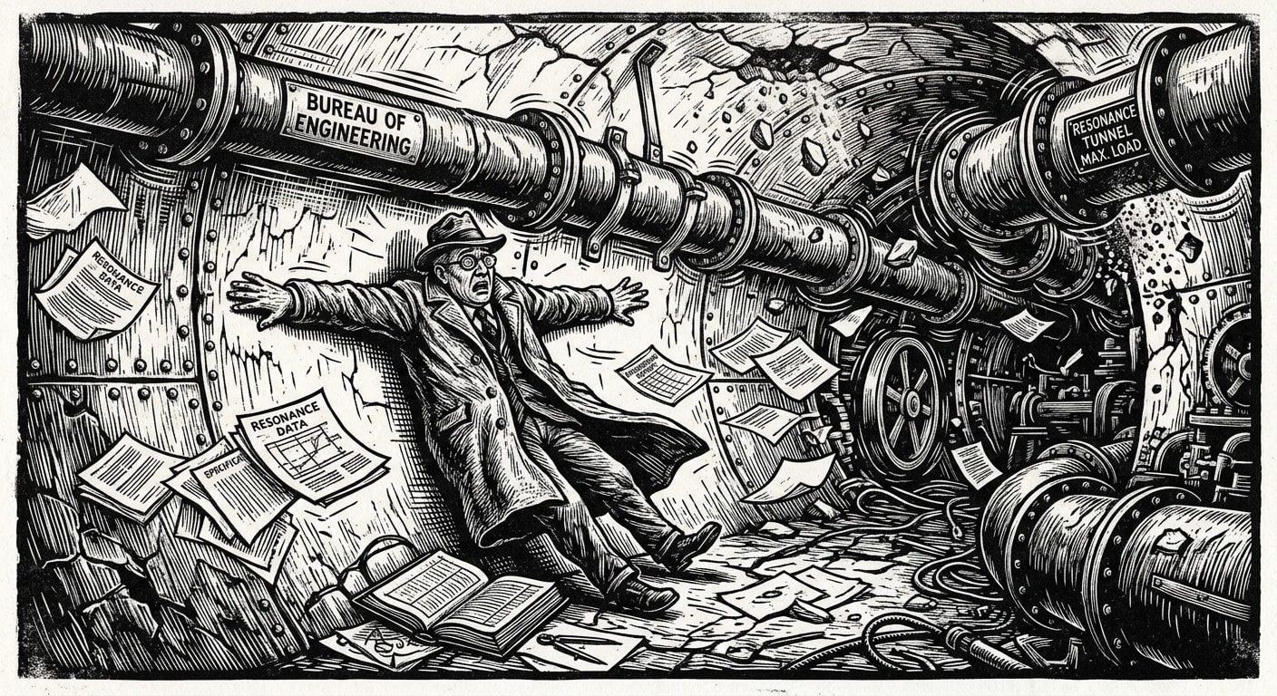 A Bureau of Engineering commissioner in a long coat pressed flat against a resonance tunnel wall, papers flying, as the massive iron gasket pipes shake violently and mortar dust falls from the ceiling