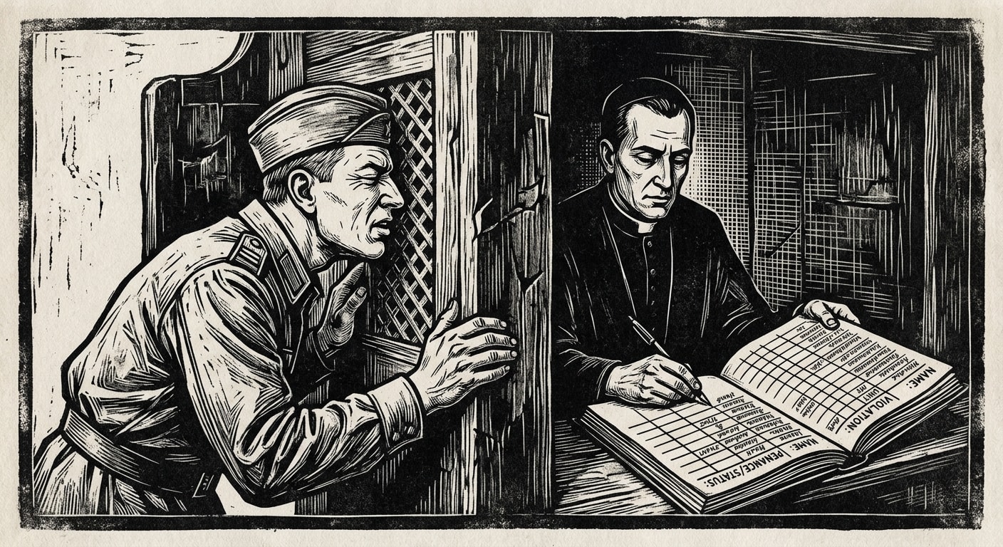 A garrison soldier confesses to a Confessor-Penal who holds a pen instead of beads, a ledger open before him