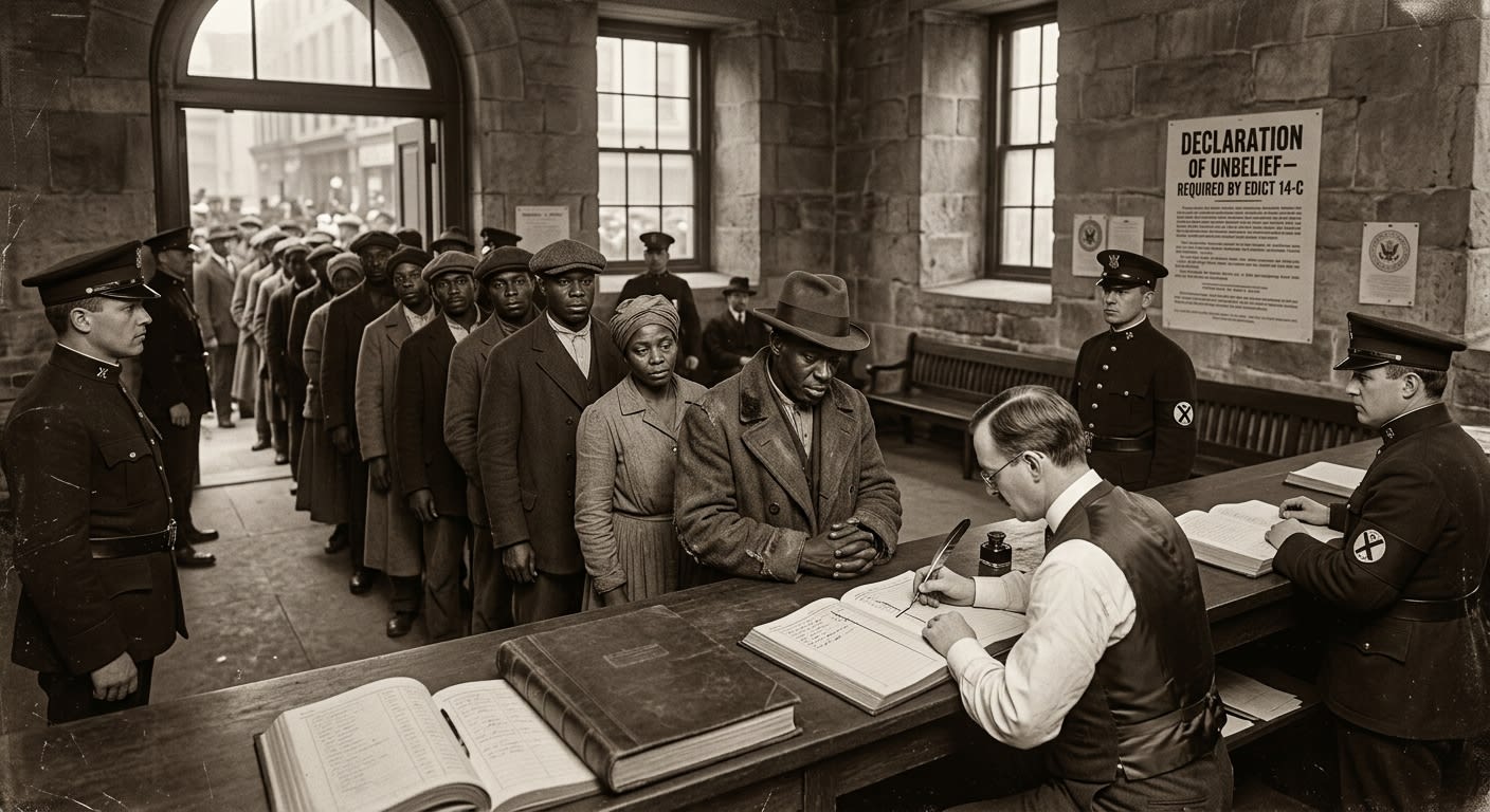 Citizens queue at a prefectural declaration office for the First Black Census — Republican Guards at a ledger counter, a name being struck from the register