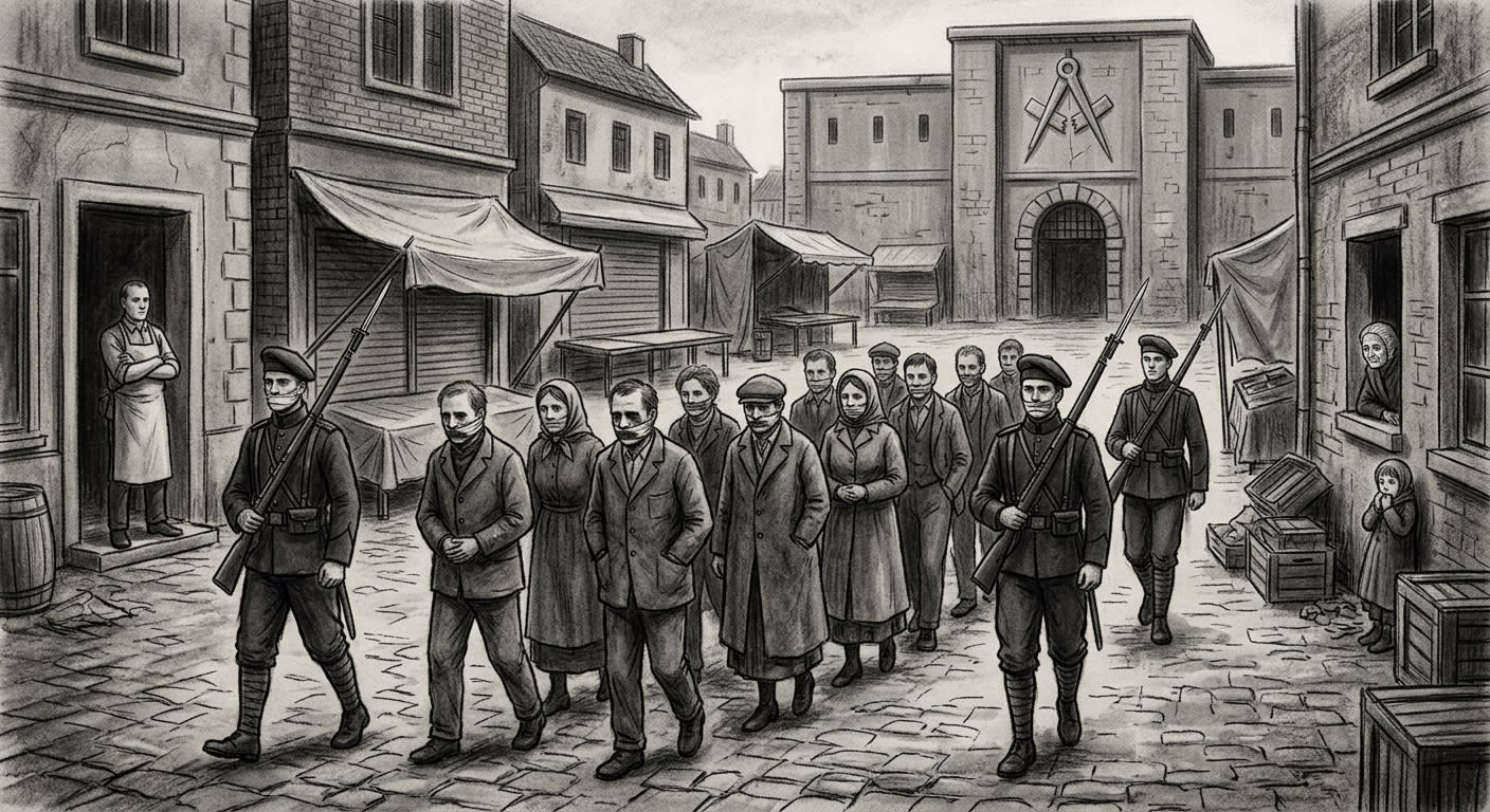 Republican Guards conduct the Procession of Silence — eleven tongueless citizens paraded through a market square, onlookers watching with careful neutral faces