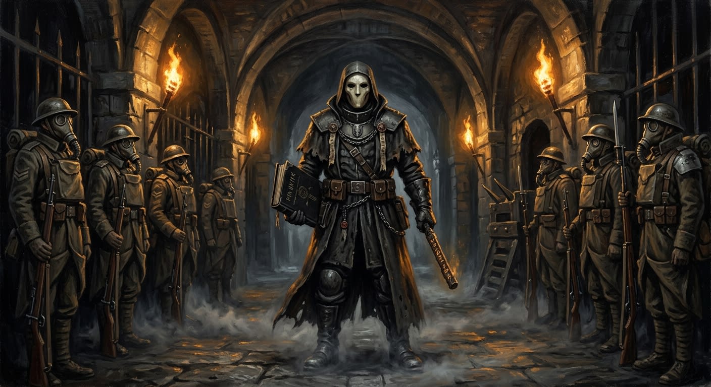A masked Judge stands in the torchlit corridor of a bastion gatehouse, black ledger in one hand, runed rod in the other, soldiers frozen on either side, mist curling at the Judge's feet