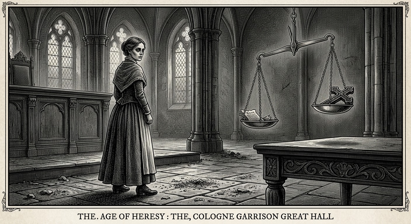 Brass Balance scales tip before a hollow-eyed woman, ash scattered on the flagstones at her feet, Cologne garrison setting