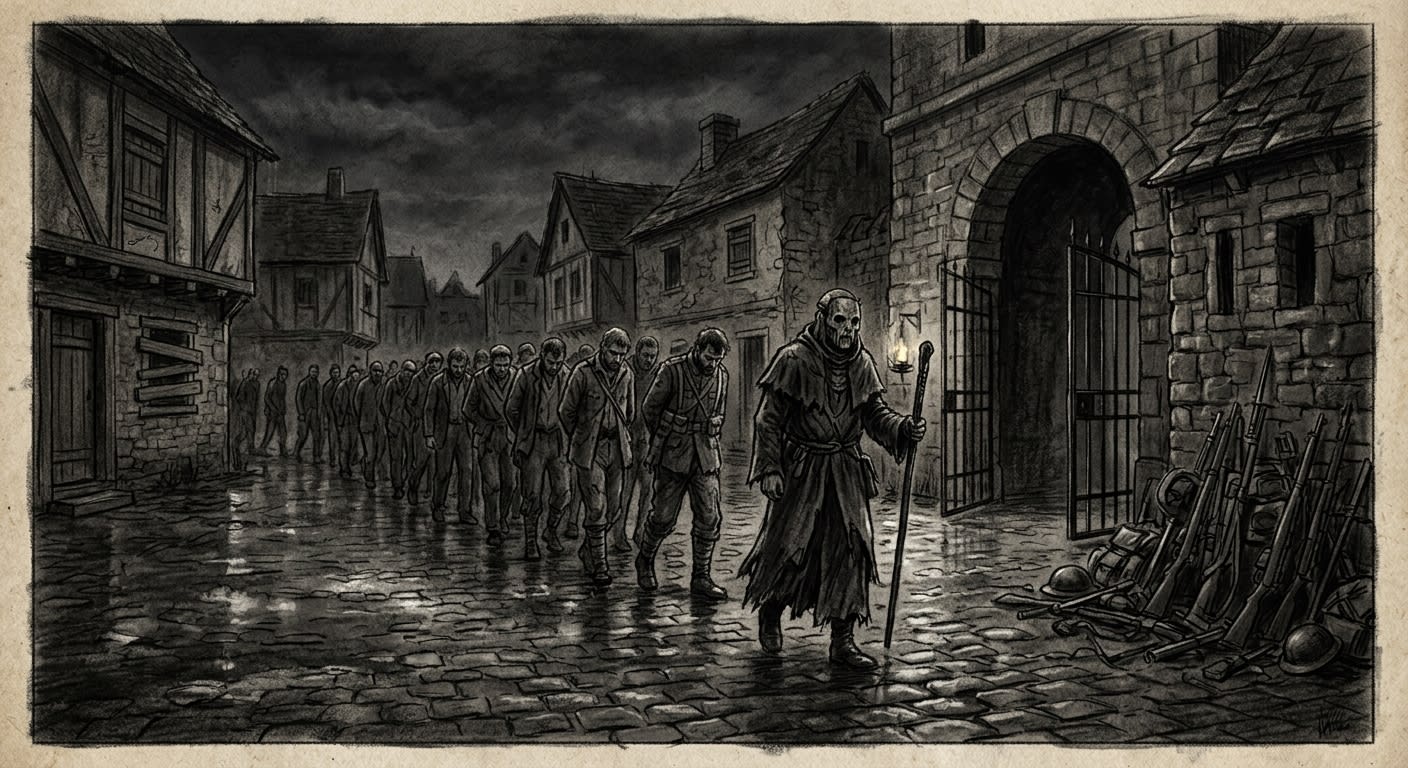 A masked figure leads the Silent Procession through an emptied village square at night, condemned walking with faces averted, weapons stacked unmanned at the guardpost