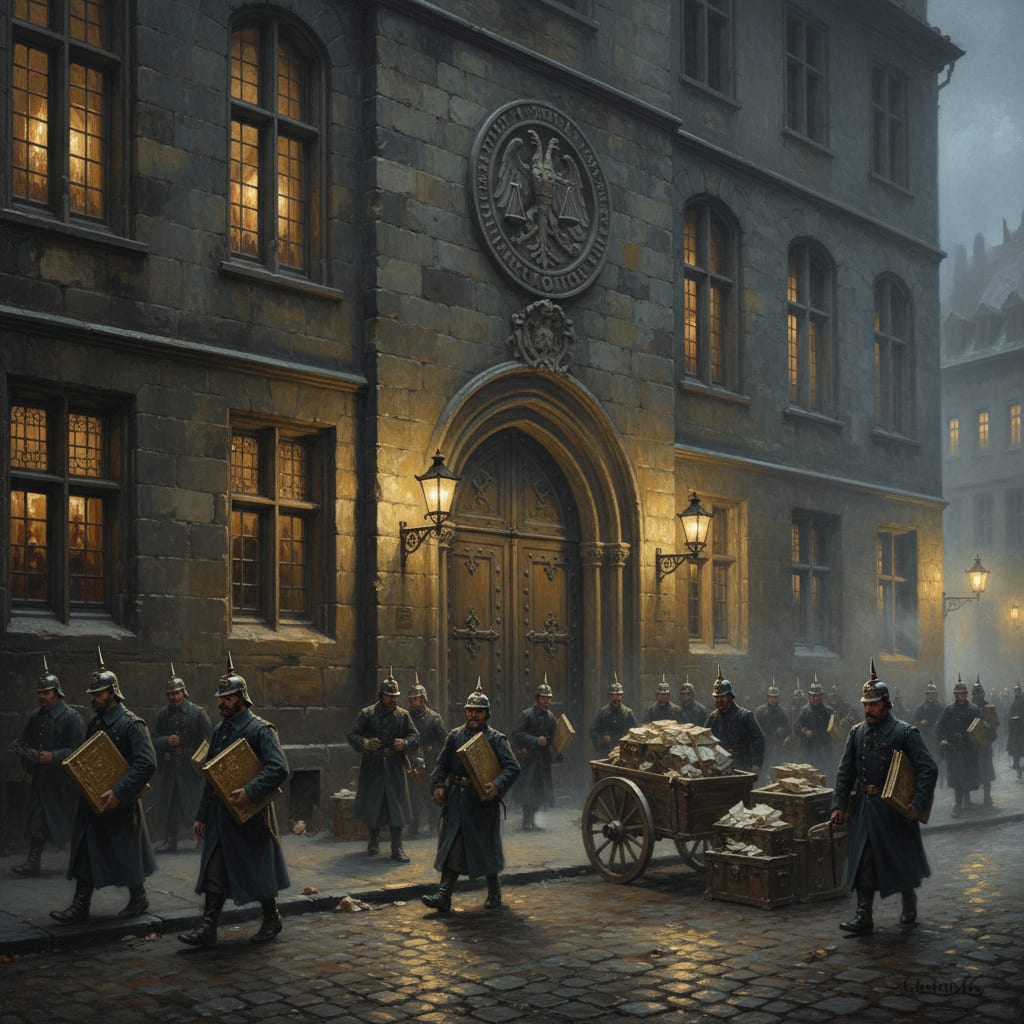 The Palatine Counting House in Strasbourg at night — a vast stone building with candlelit counting rooms, armed Assessor teams departing with gilded ledgers and iron-banded strongboxes