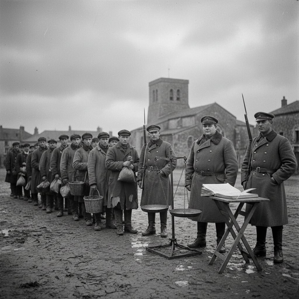 A Bureau of Tithes Assessor with a calibrated iron scale in a muddy village square, gilded ledger open, a queue of peasants waiting, two armed clerks flanking