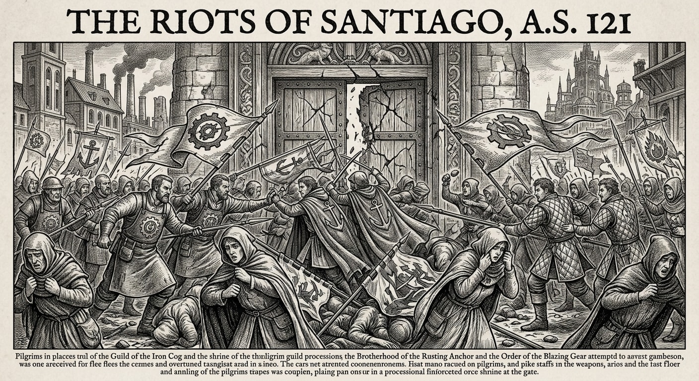Engraving of the Riots of Santiago, A.S. 121 — three guild processions converging at a shrine gate, pikestaffs and processional banners clashing, pilgrims scattering.