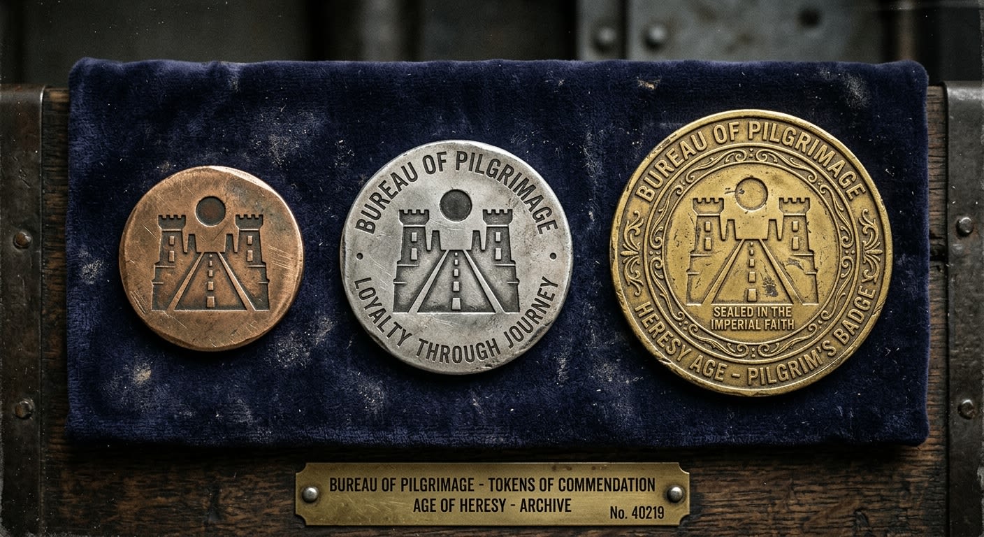 Photograph of three pilgrim tokens laid on a cloth — bronze disc, silver-stamped disc, and a gold-sealed disc — each bearing the sigil of the Bureau of Pilgrimage.