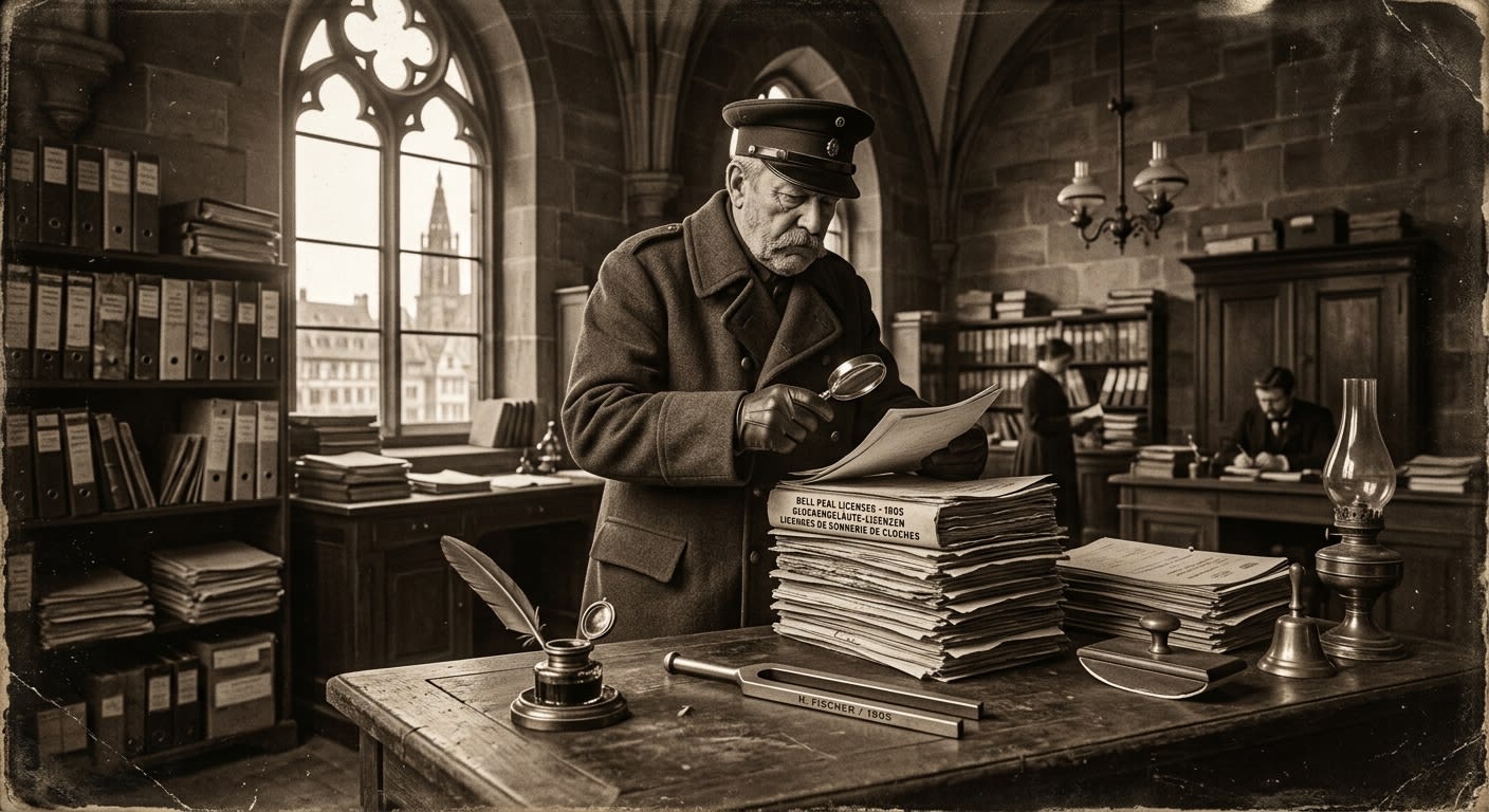 A Bell-master in greatcoat and peaked kepi inspects Bell Peal License documents at a wooden desk