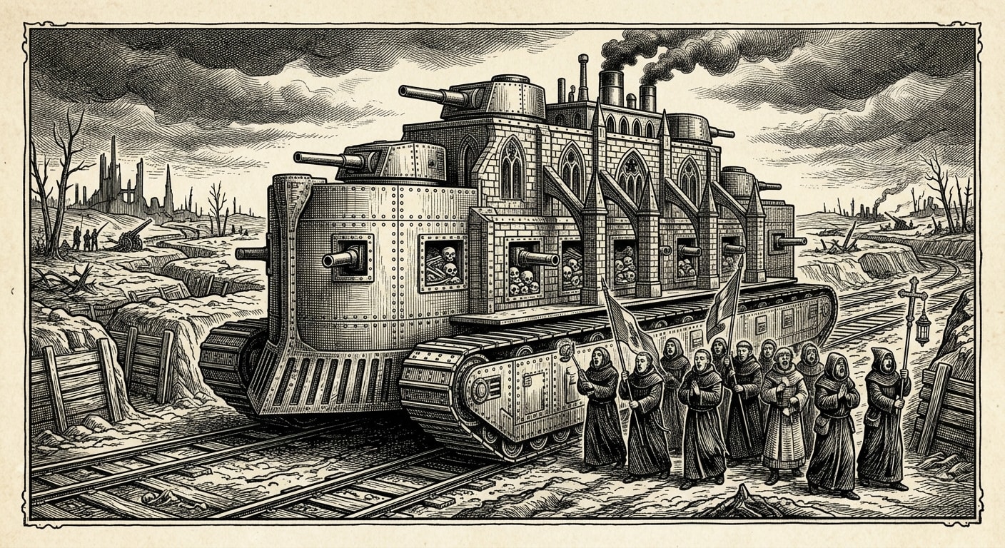The Catacomb-Carrier Threnody — an ossuary-bricked tracked vehicle moving along trench-line rail with priests alongside