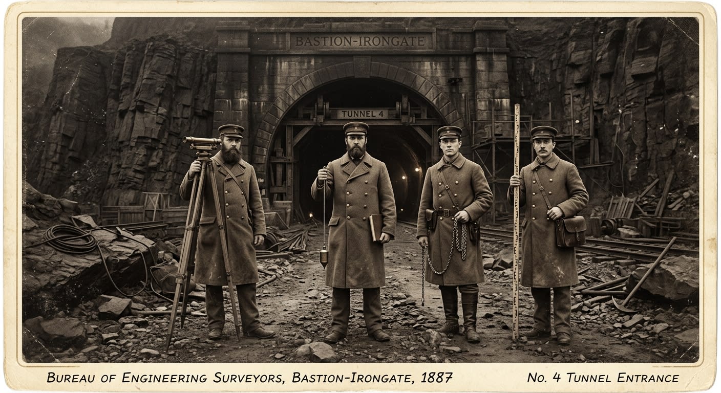 Four Bureau of Engineering surveyors in Victorian coats standing before a tunnel entrance at Bastion-Irongate