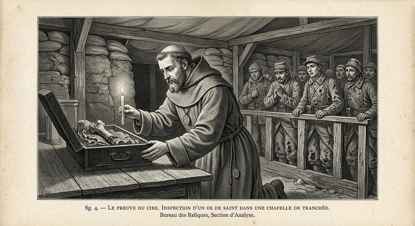 A Bureau Examiner performs the Candle Proof in a forward trench chapel, holding a taper beside a saint's bone