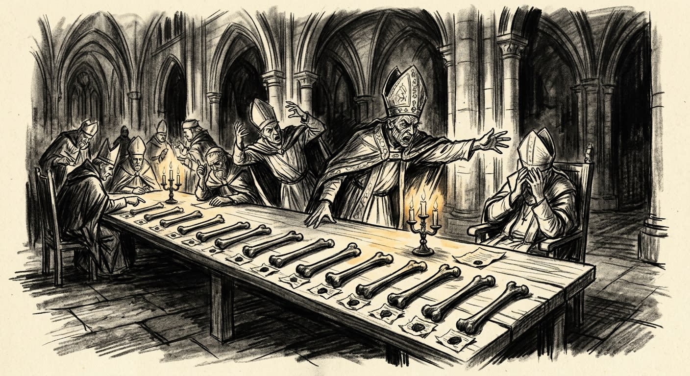 Bishops argue over seventeen femur bones laid on a cathedral table during the Reliquary Schisms