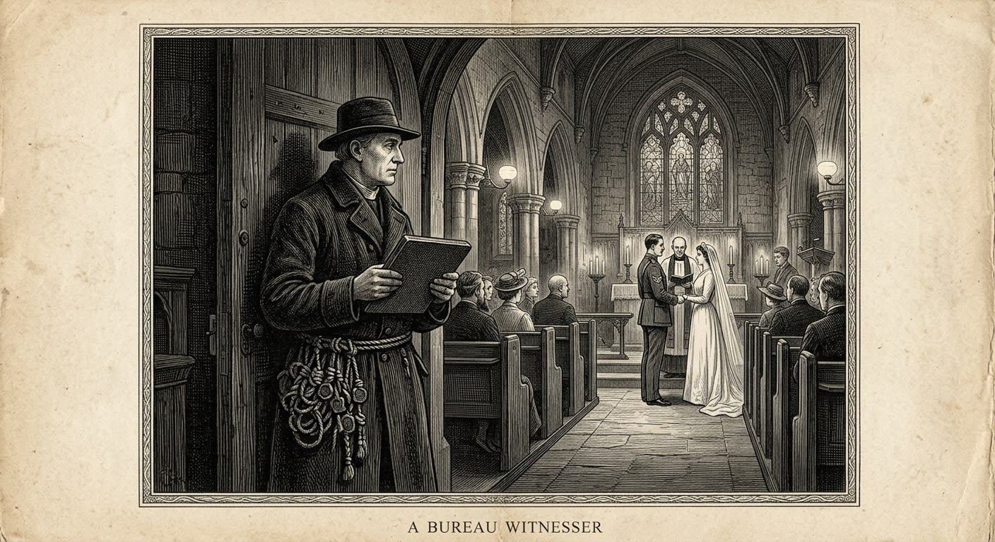 Engraving of a Bureau Witnesser standing silent in a doorway during a marriage ceremony, lead tablet in hand, cord-sash hanging heavy with knotted decades, the couple facing forward unaware of the observer.