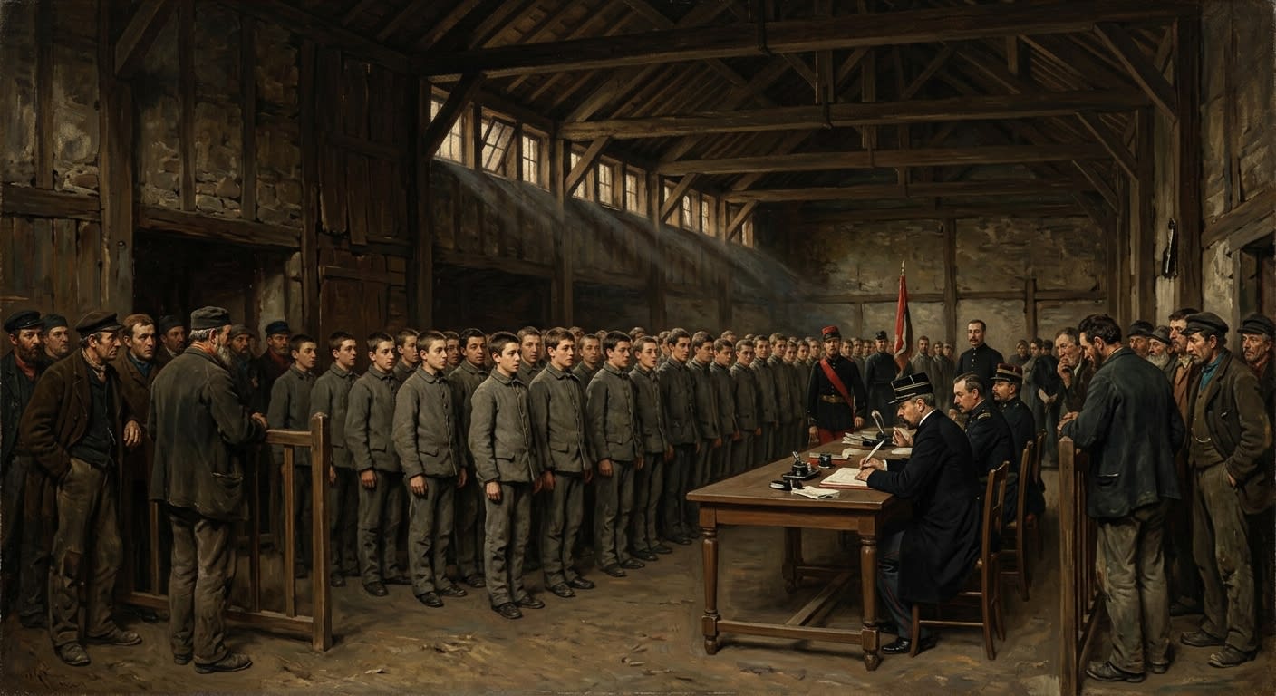 Interior of a provincial mustering yard — rows of boys in grey before a Conscription clerk's table, fathers at the perimeter, late-afternoon light through high narrow windows