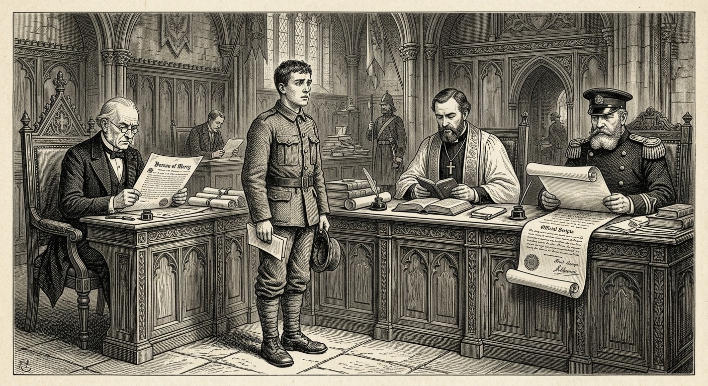 The Fourfold Assessment — a conscript before a tribunal of three clerks, each examining a different document