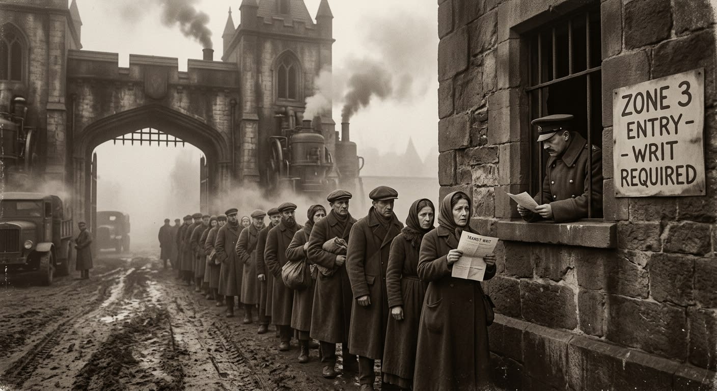 A Transit Writ checkpoint at a Zone 3 boundary, a long queue of subjects stretching into morning fog