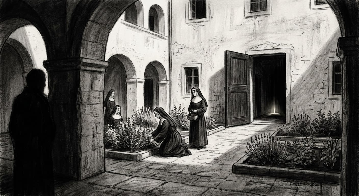 The Adriatic sanitarium — whitewashed courtyard with the east wing door ajar