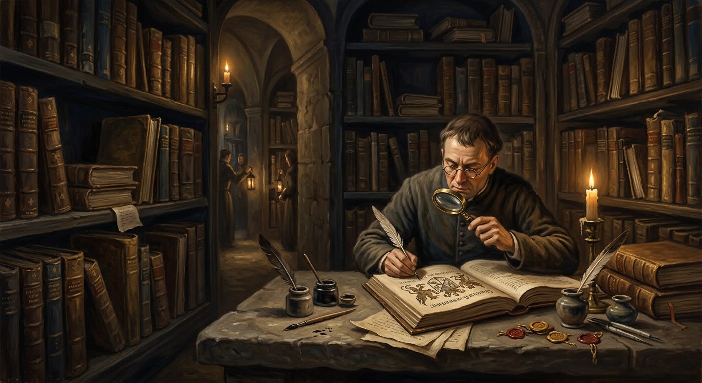 Oil painting of the Bureau of Heraldry's archive vault interior — a lone clerk scrutinizes a coat of arms by lamplight amid towering registers