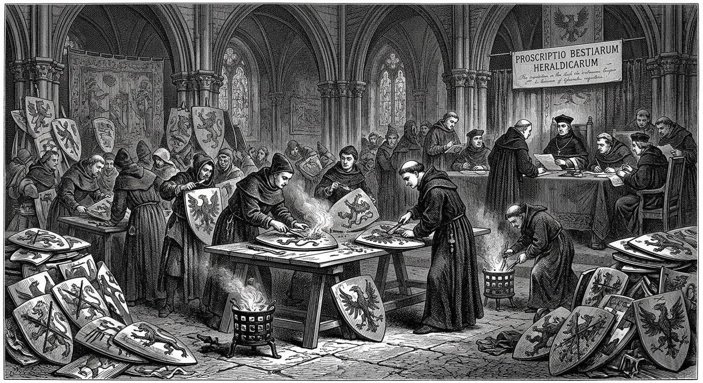 Victorian engraving of clerks scraping animals from heraldic shields during the Beast Proscription