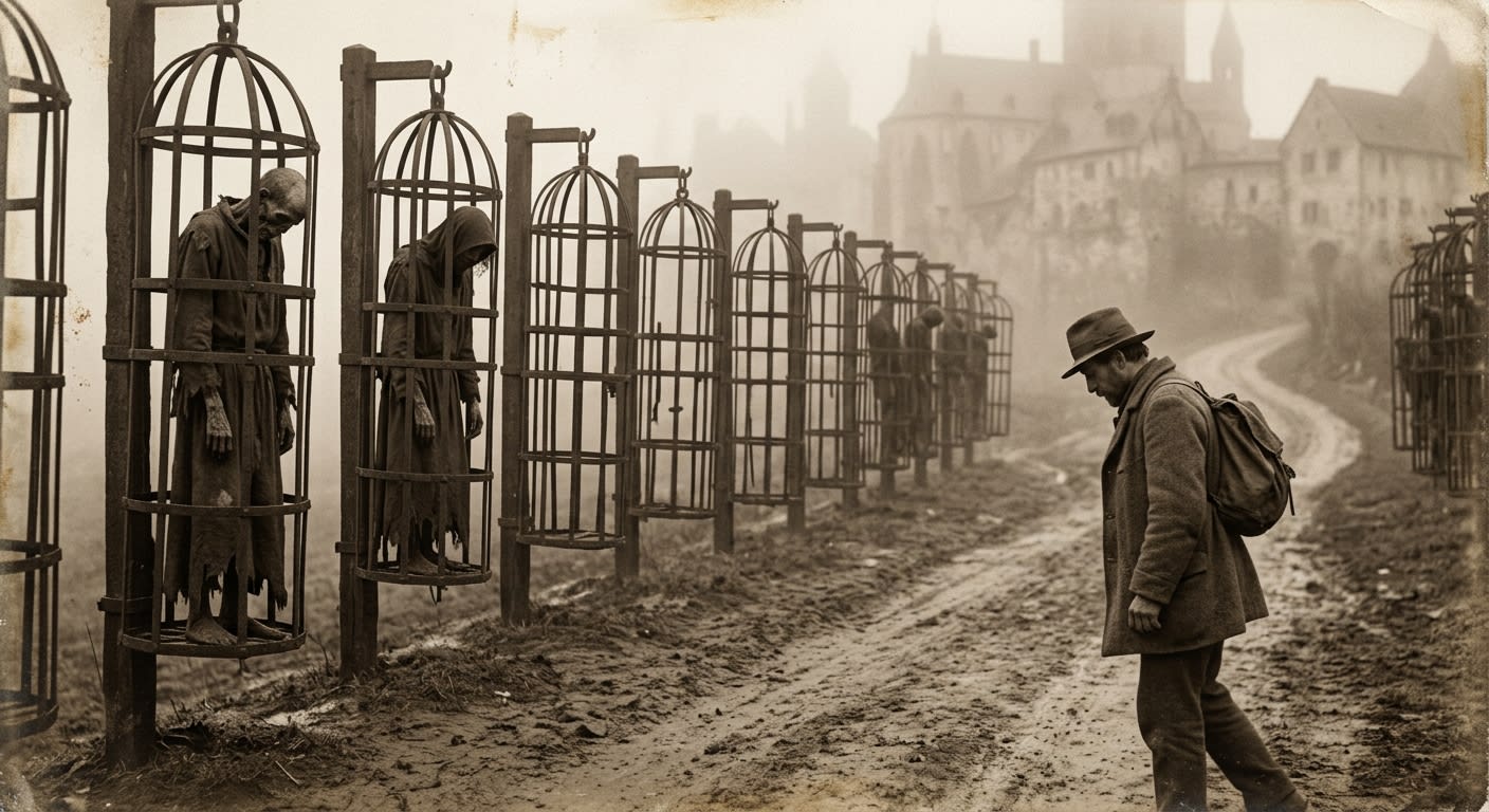 The Iron Choir of Mainz — rusted iron cages lining a road in mist