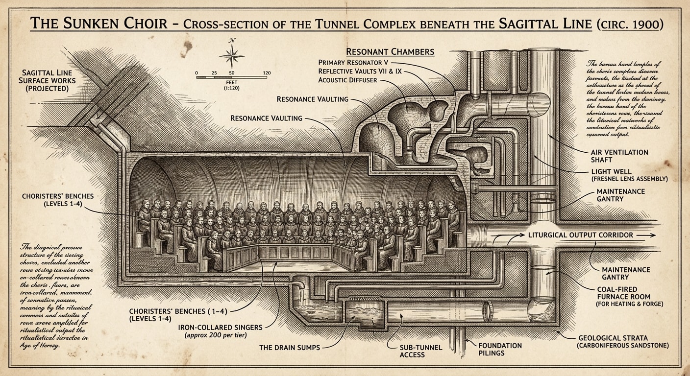 Cross-section engraving of the Sunken Choir tunnel complex