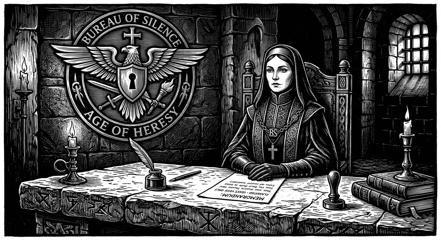 Censor-Prelate Aldara Vess the Younger at her stone desk, classified memorandum before her, expression of controlled unconcern, Bureau seal behind her.