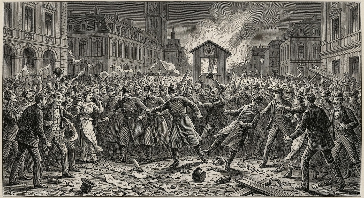 Crowds overwhelming Bureau of Purity officers during the Laugh Riots of Seville, festival debris and a burning permit booth in the background.