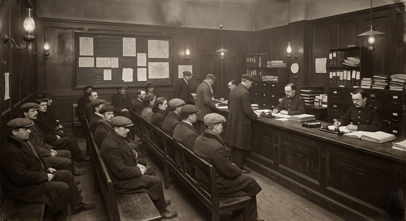 Citizens queuing at a Festival Permit Office counter staffed by Bureau clerks, forms everywhere, a board listing approved and prohibited celebrations.