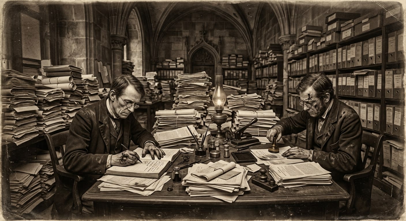 Counter-seal application station in the Bureau's Strasbourg headquarters, stacks of pending documents visible on every surface