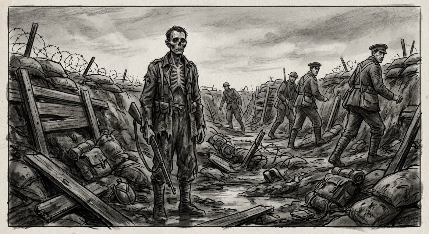 A Hollowed soldier with sunken cavernous eyes and a faintly distended chest stands in a trench, other soldiers giving him wide berth