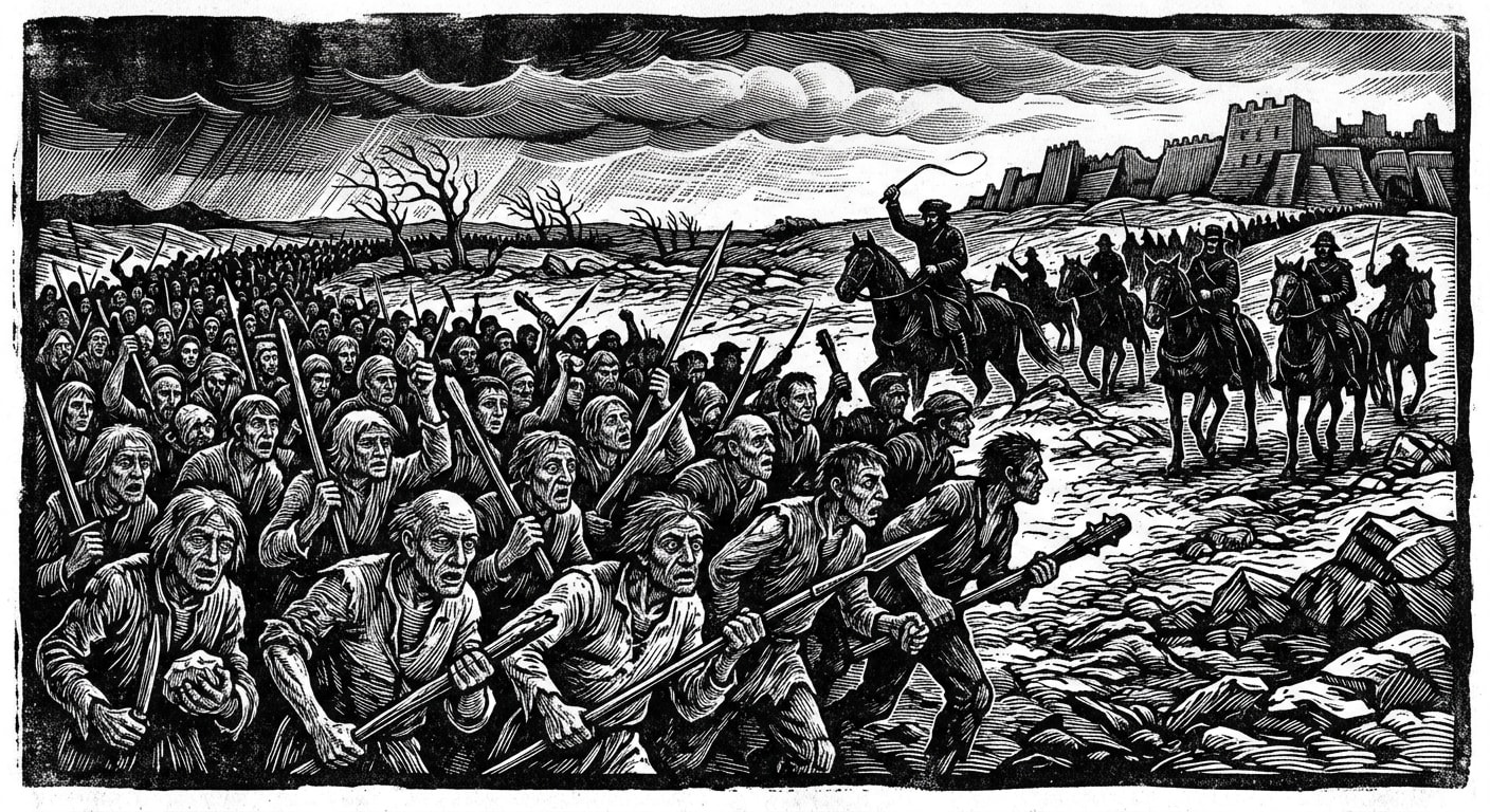 A vast wave of ragged Ash-Fodder militia armed with broken weapons, driven forward by overseers on horseback toward distant fortifications