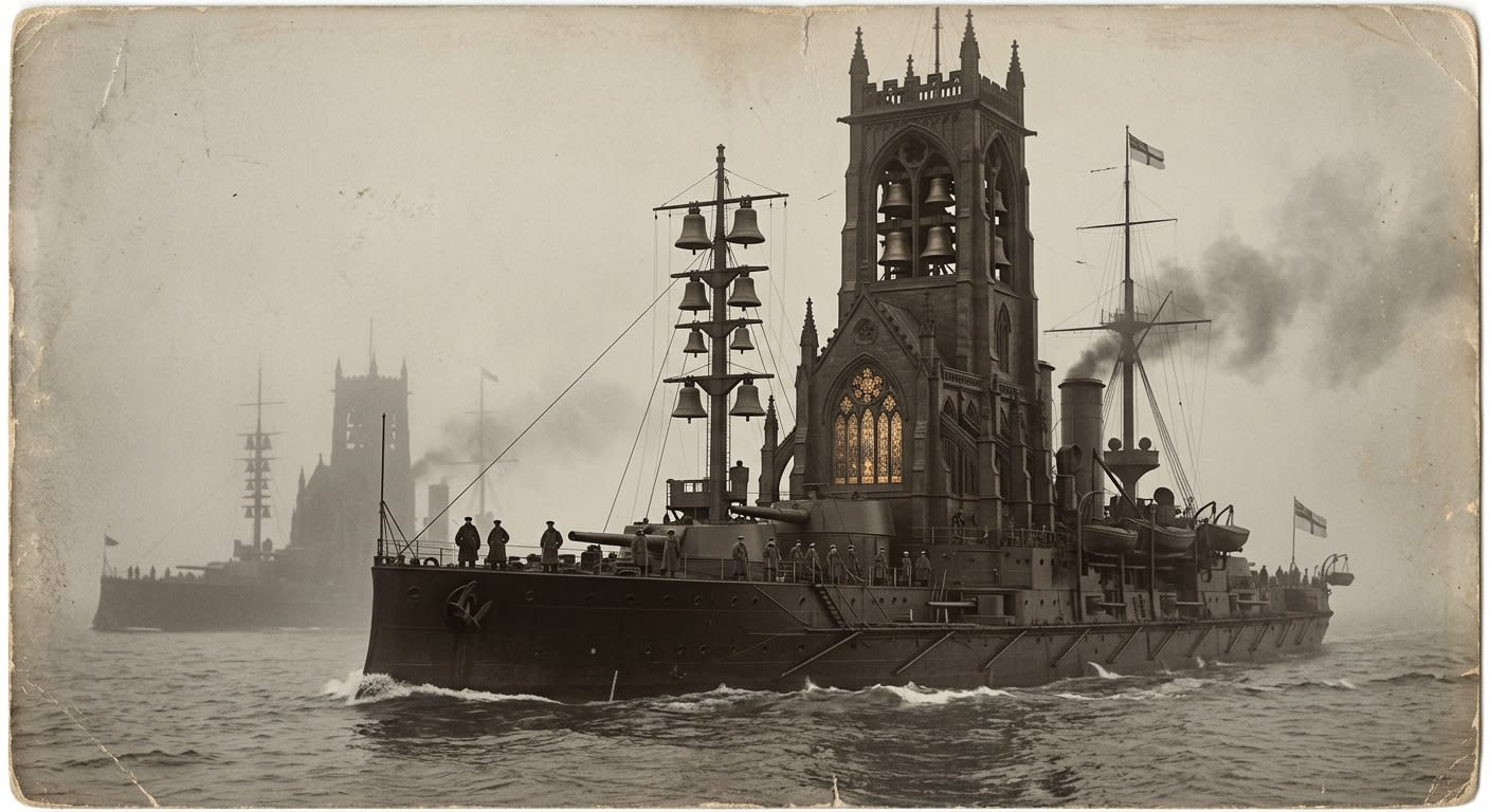 A Cathedral Ship underway in Channel fog, bell-tower above the quarterdeck, chapel windows lit from within, two more warships in formation behind
