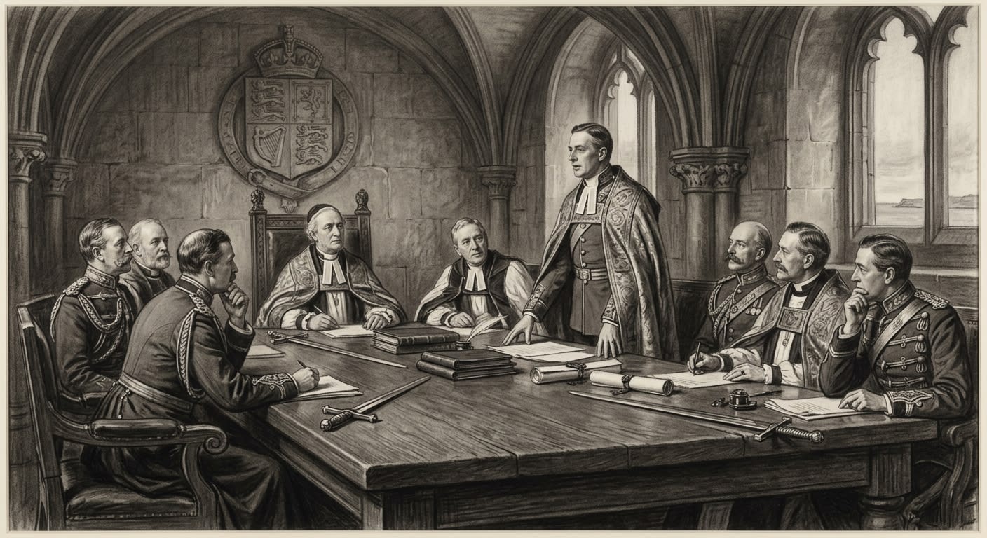 The Table of Nine in session at Canterbury, nine Wardens in military-ecclesiastical dress around an oak table, swords and ledgers before them