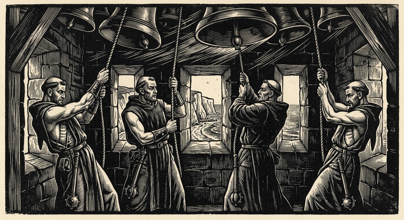Lantern-Ringers at Canterbury Cathedral's bell tower, ordained warrior-monks at the ropes, bronze maces at their belts, the great carillon above