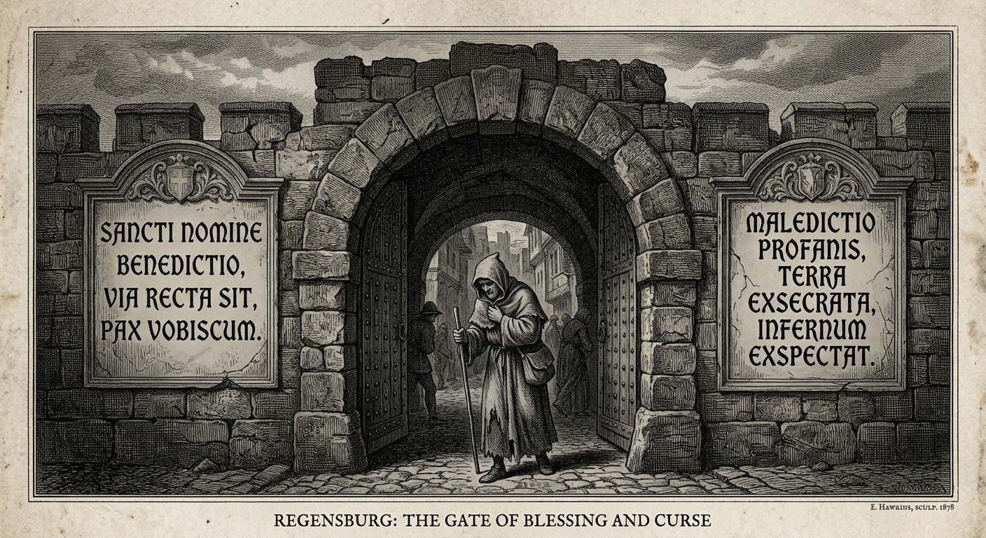The gates of Regensburg bearing double plaques — benediction above, curse below — a pilgrim passing through