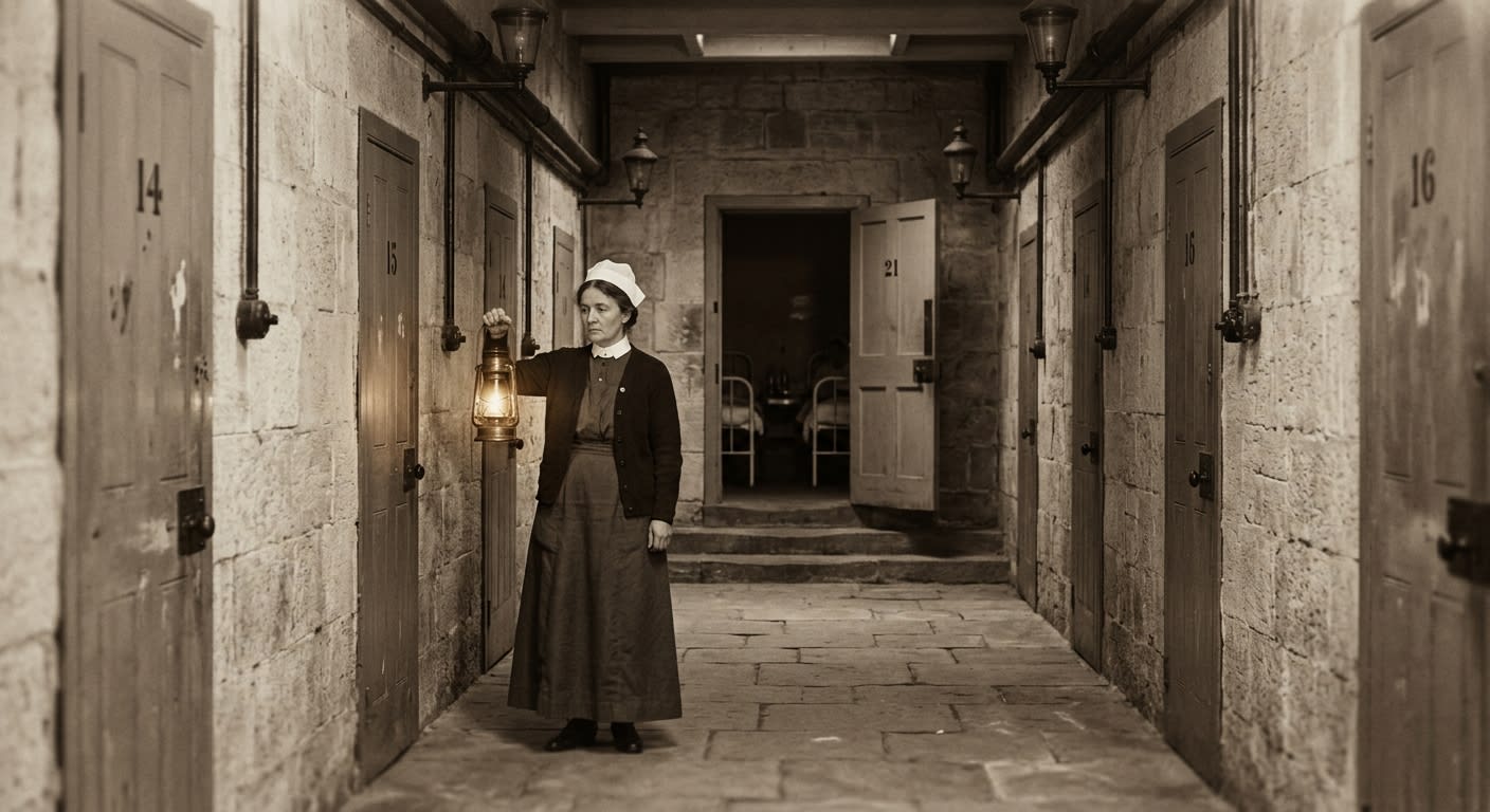 Bureau of Mercy rear facility corridor — a ward-sister holding a lantern in a stone passage, numbered doors receding into darkness, clinical WWI military hospital