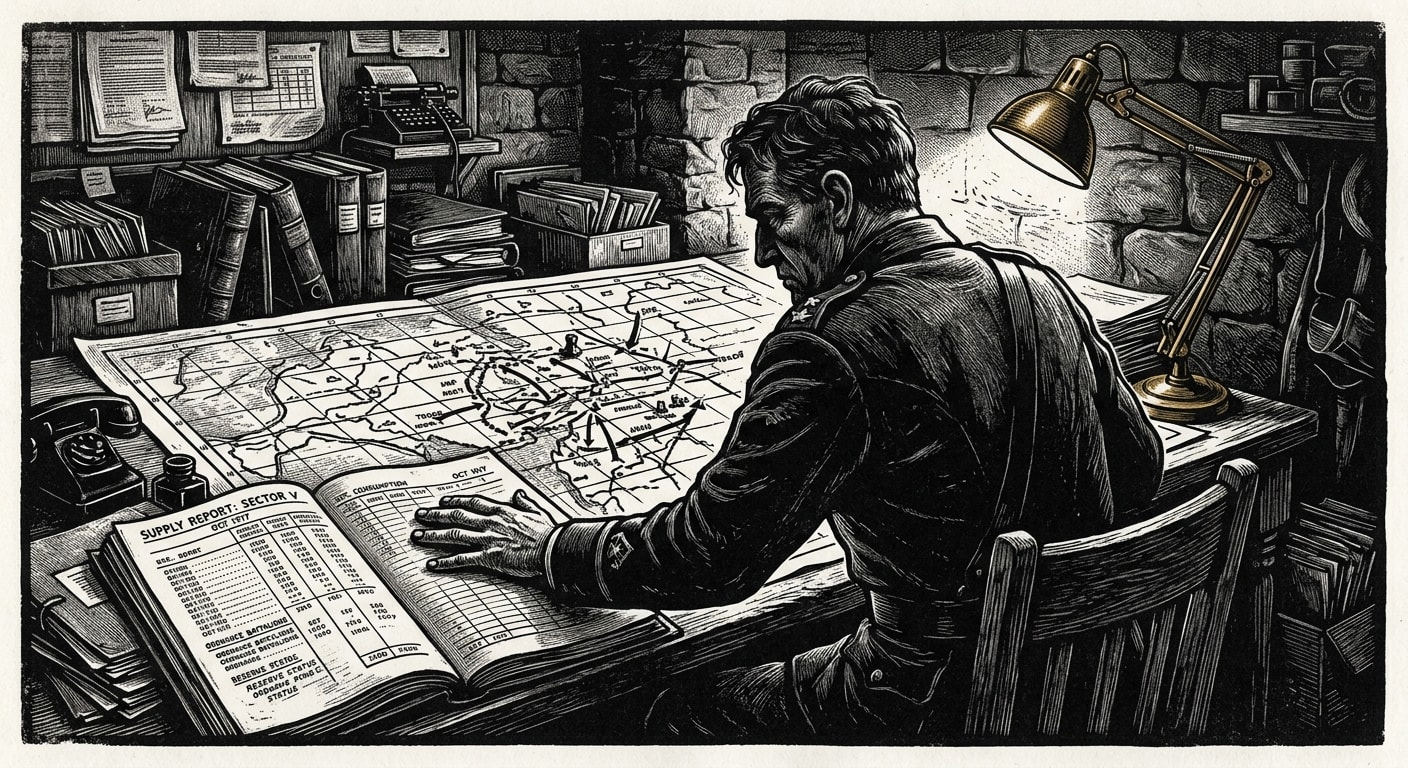 The Bureau of War Chief Logistician at a great map table — hands pressed flat on an open logistics report, face turned toward the wall, columns of numbers visible on the pages