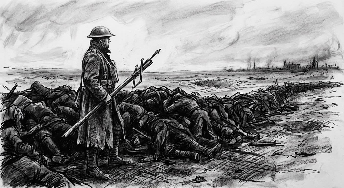 Rostov, Day Nine — a garrison defender atop a barricade of enemy dead taller than a man, improvised pike in hand, in the silence before the final assault