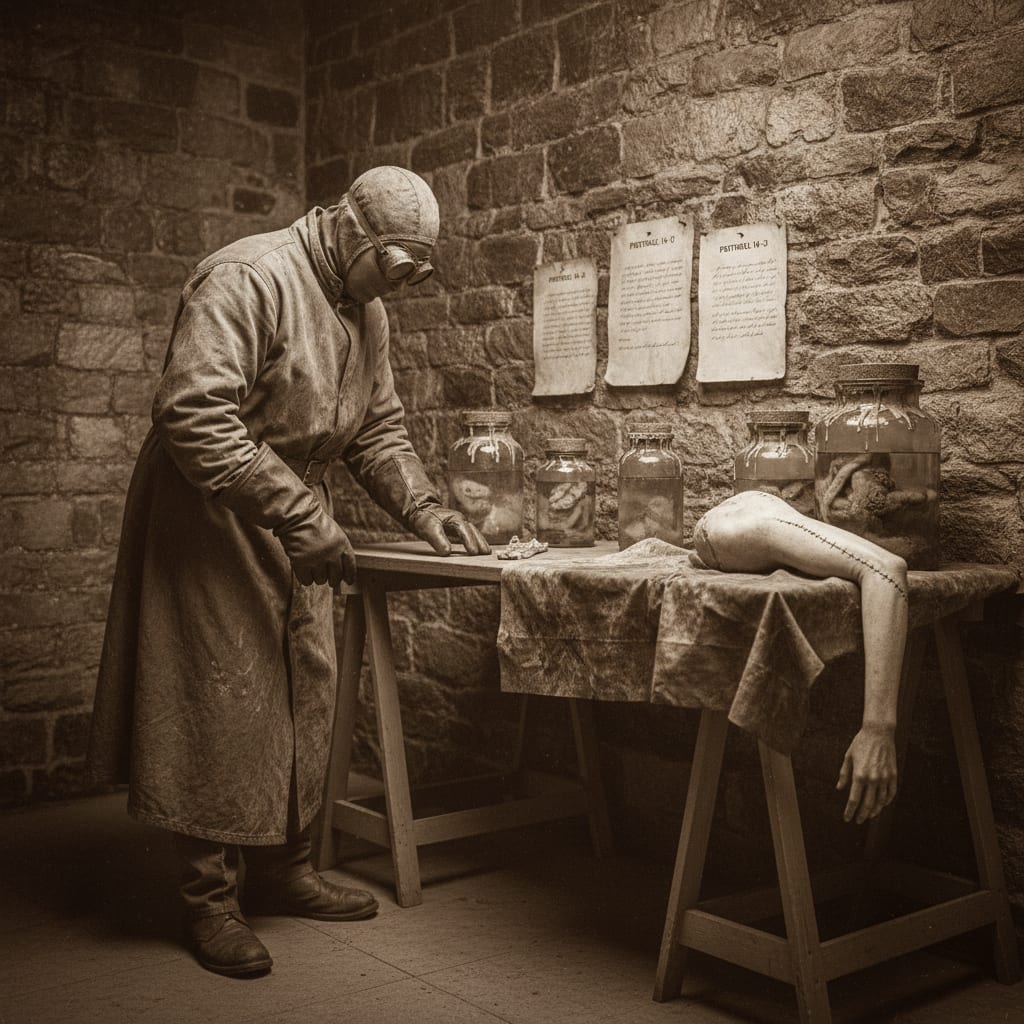 Bureau of Medicine containment station — field surgeon in canvas protective gear at a forward aid station trestle table with sealed specimen jars and Protocol 14-D documents