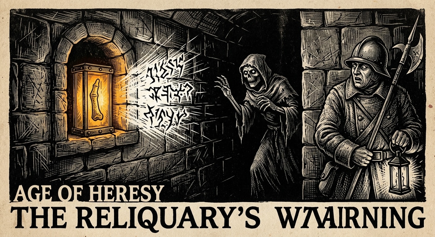 A Reliquary Proximity Ward niche in a stone trench wall, the sealed finger-bone glowing amber as concealment glyphs flare visible nearby