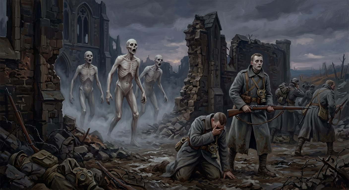 Three Pale Chanters advancing from ruined seminary walls at dusk, mouths agape in soundless hymn, Covenant soldiers collapsed before them