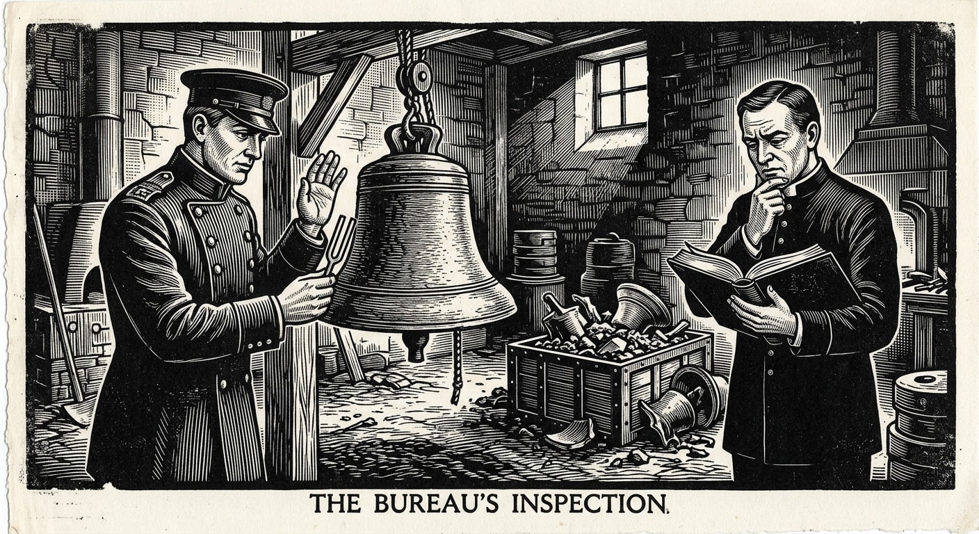 Two Bureau of Bells officials examining a newly recast bell in a foundry, tuning fork raised, old slag visible in a crate behind them