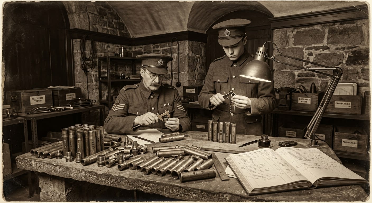 Bureau of Engineering clerks examining recovered brass leeching tubes on a stone examination table, calipers measuring machined fittings, sequential serial numbers visible under the lamp