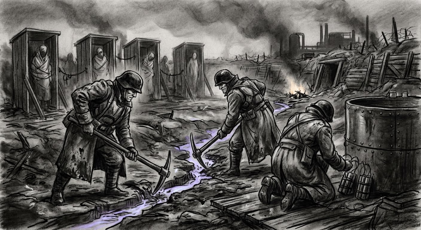 Covenant soldiers in WWI greatcoats executing Standing Order 88-G — destroying leeching channels with pickaxes and demolition charges, not looking at the prisoners still in the wooden cradles behind them