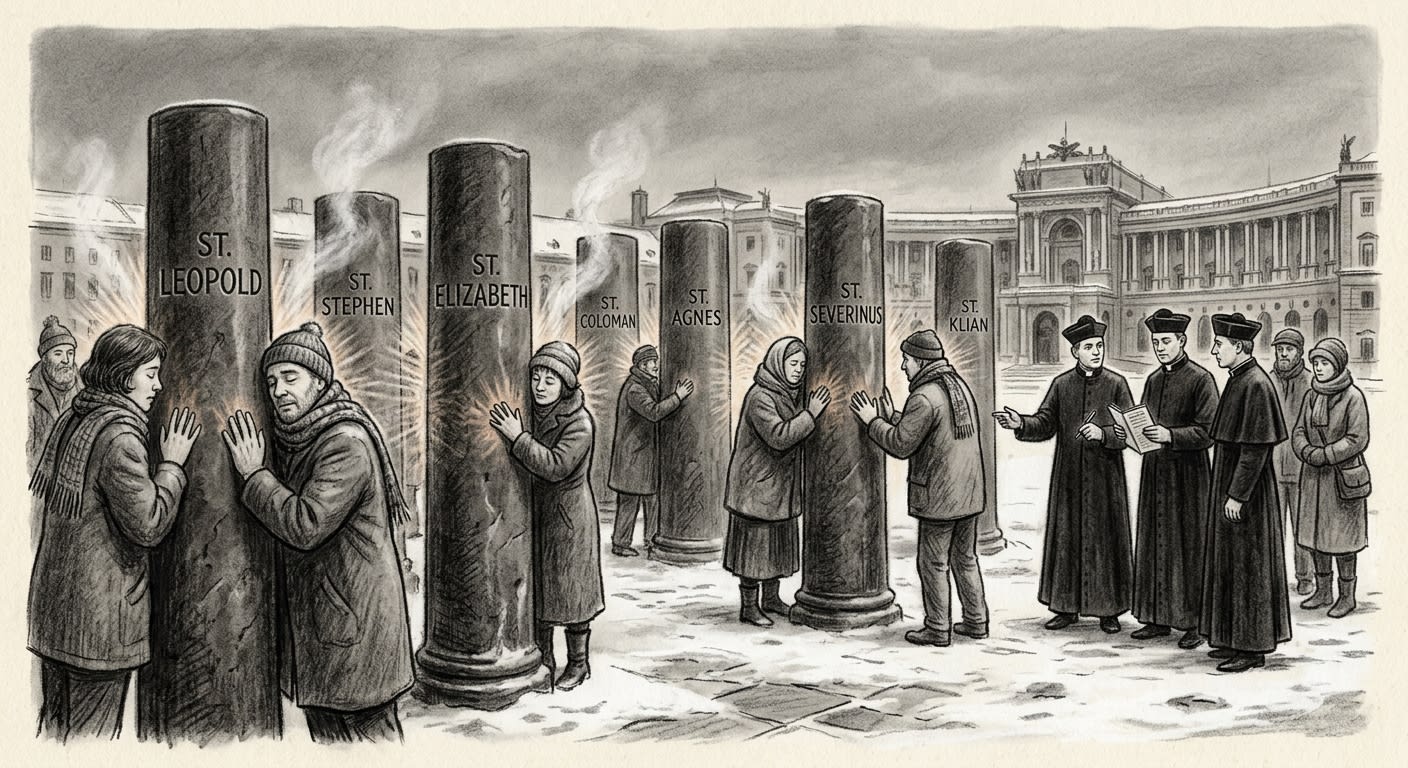Charcoal drawing of the seven warm basalt columns at the reconsecrated Heldenplatz — pilgrims pressing bare hands to the stone in winter, breath visible, Bureau of Pilgrimage attendants checking permits