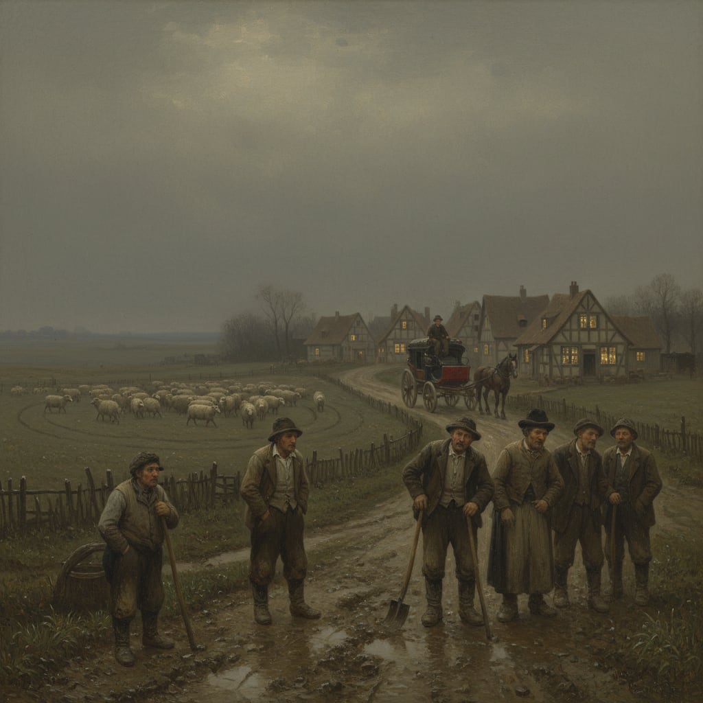 A Rhineland village at what should be noon under the Year Without Dawn — flat dimensionless grey sky, candles burning in every window, farmers staring at an empty horizon, sheep walking in slow circles in the far field.