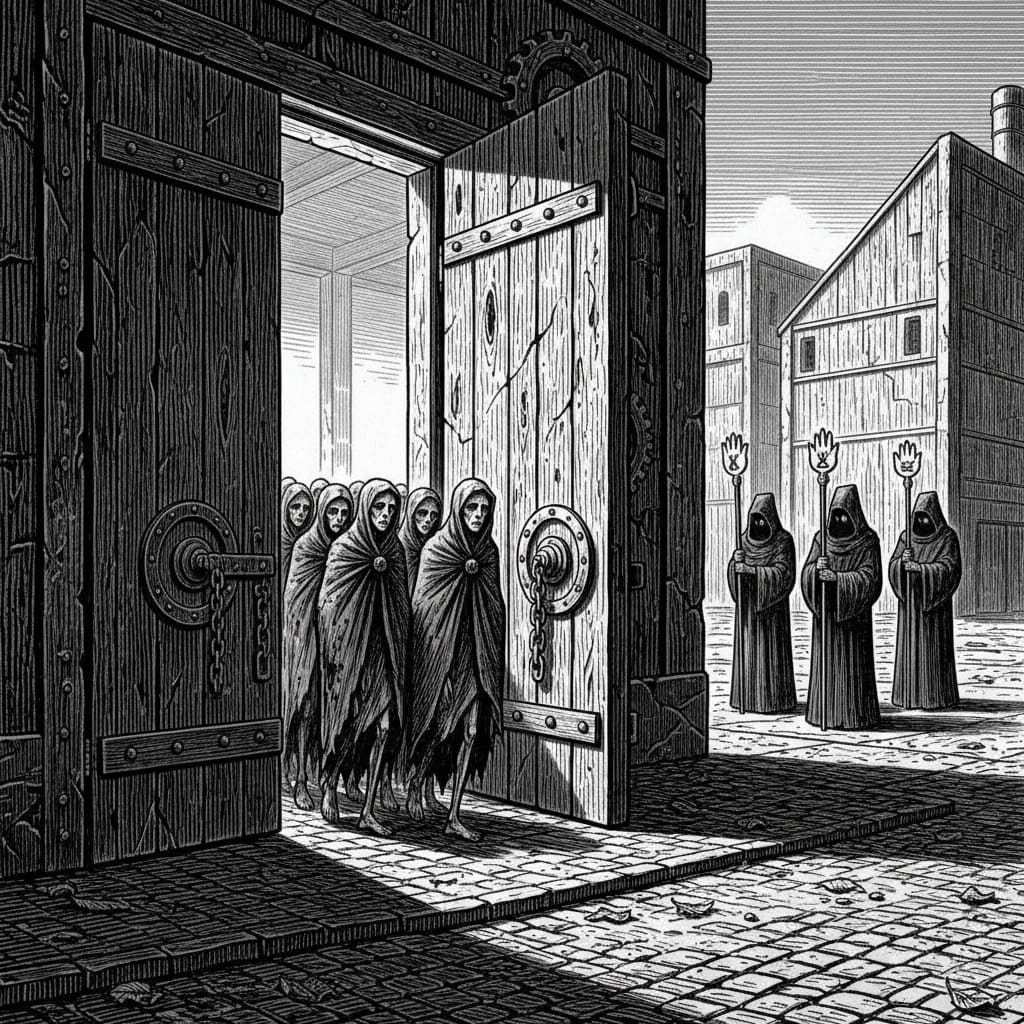 The Lyon ration-hall doors opened on the forty-first morning of the Hollow Fast, survivors emerging into grey light, faces composed, mouths closed.