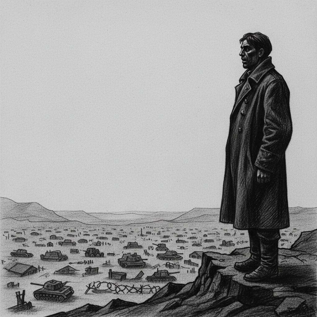 A refugee on a ridgeline above an abandoned military encampment in the grey, looking down at geometric formations of equipment and the silence where soldiers were.